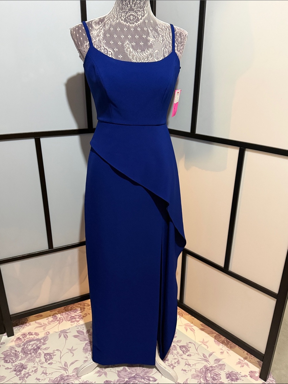 BCBGMaxAzria Royal Blue Spaghetti Strap Maxi Dress with Draped Overlay